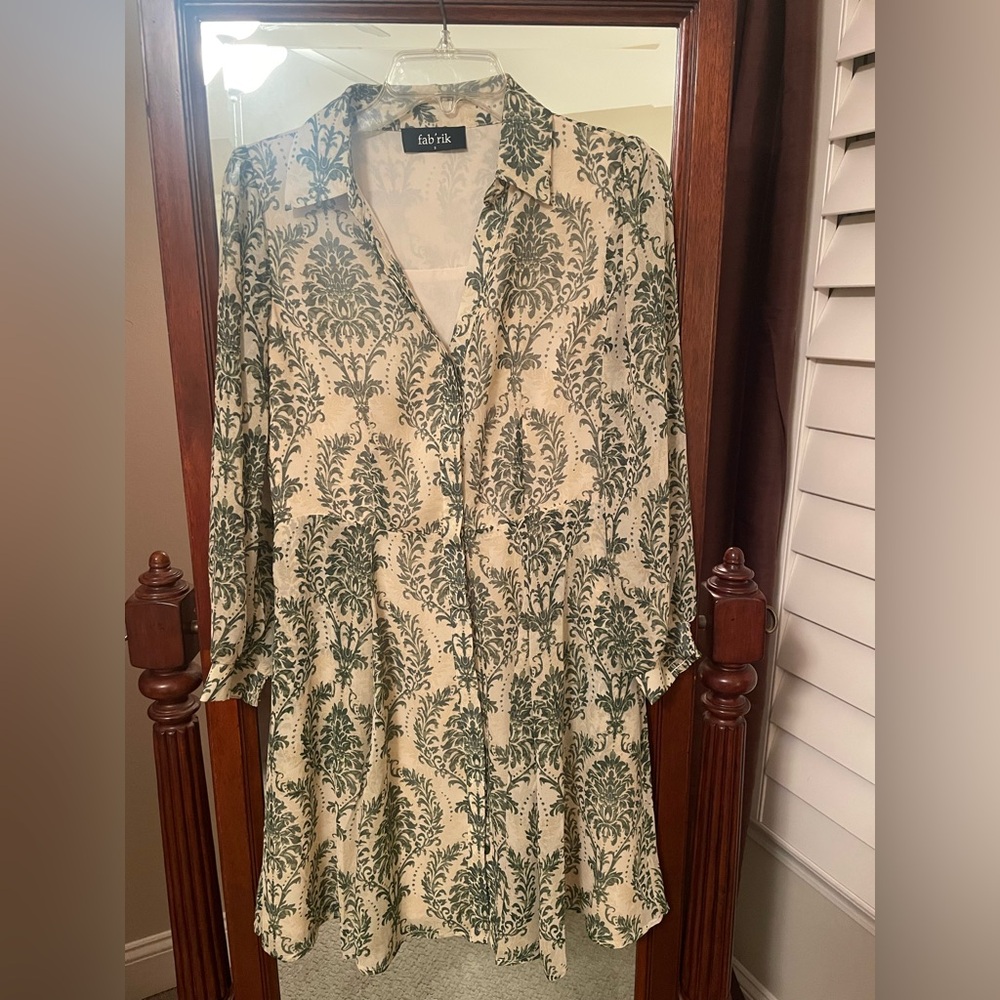 fab'rik Green and Cream Long Sleeve Dress